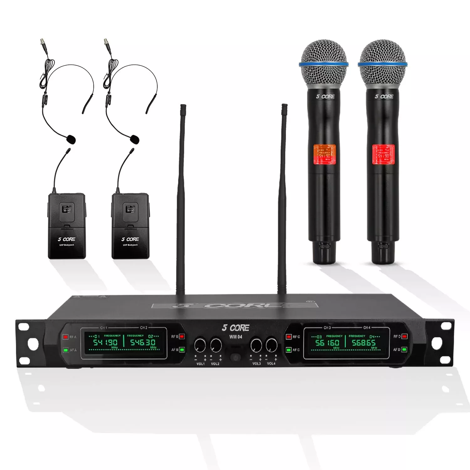 5 CORE 4 Channel UHF Wireless Microphone System 2 Handheld 2 Lapel 2 Headset Mics 260ft Range Metal