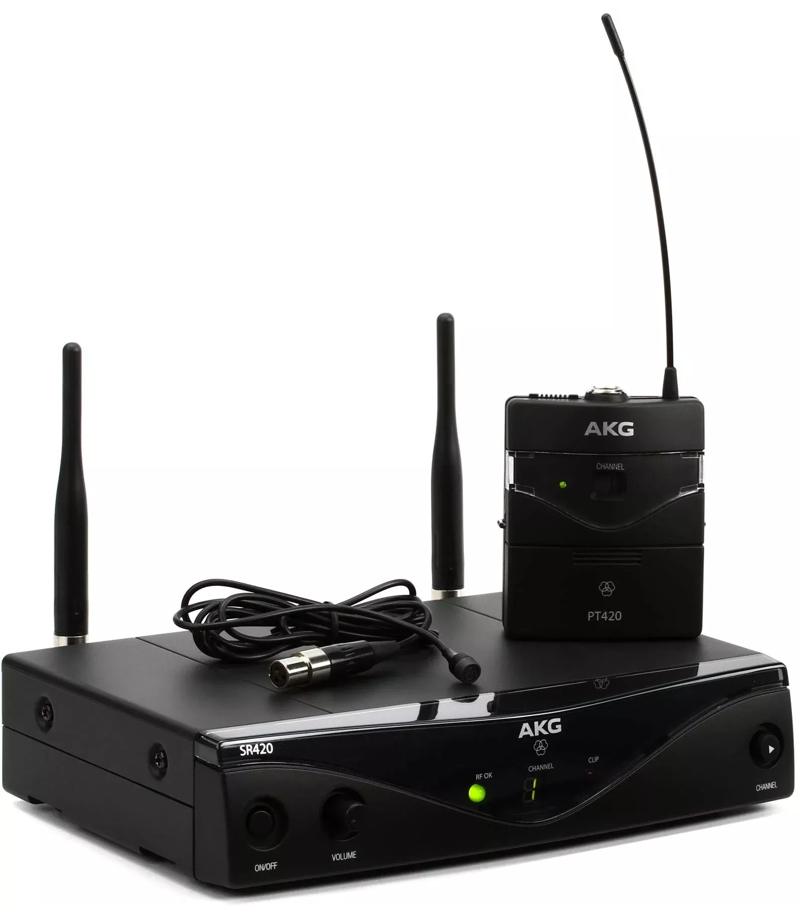 AKG WMS420 Presenter Set Wireless Microphone System with SR420 Receiver, PT420 Transmitter, C417L Lavalier Microphone, Black