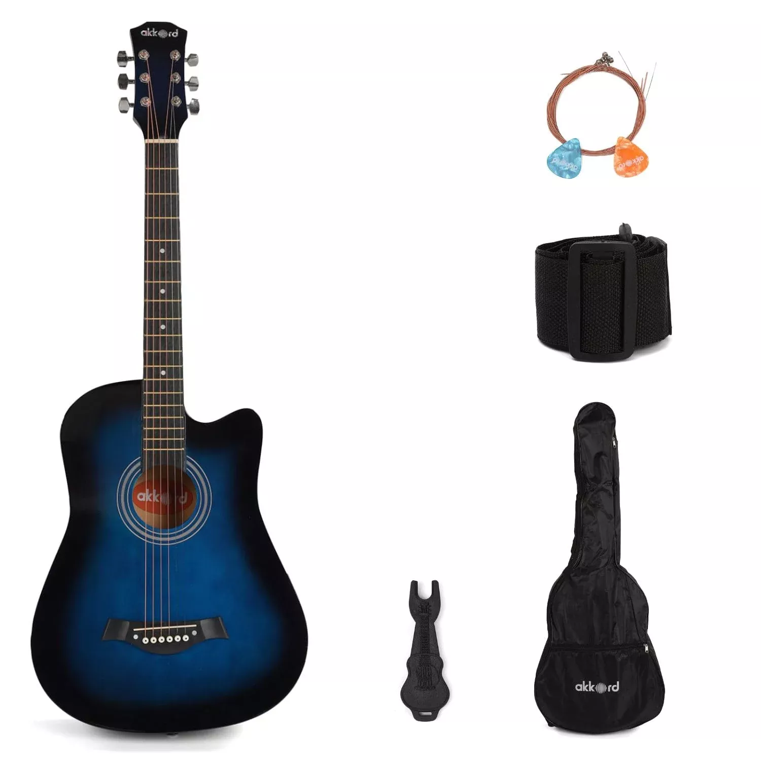Akkord 38 Inch Acoustic Cutaway Guitar Kit,With Gigbag, Strings, Picks, Strap And Key, Glossy Blue