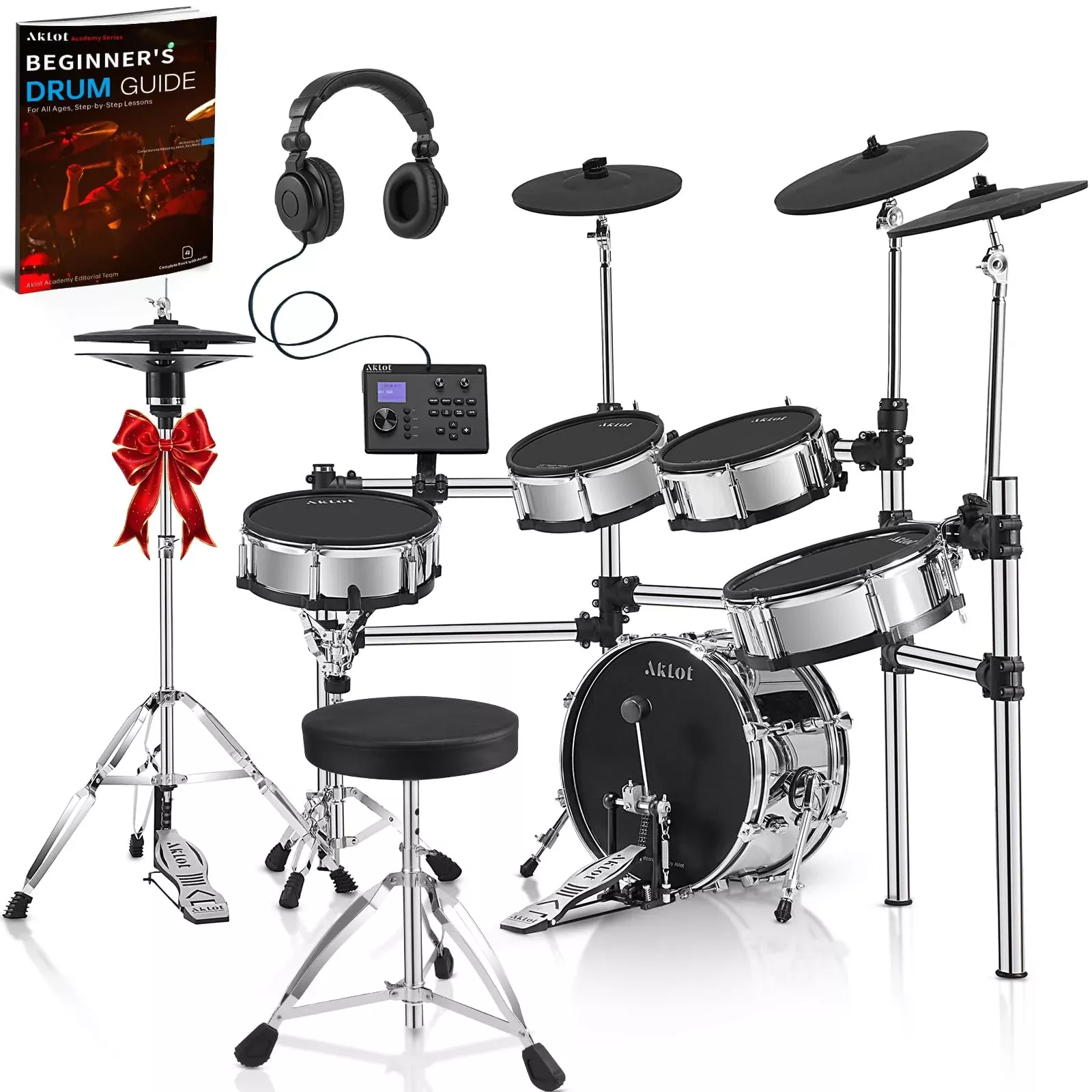 AKLOT Acoustic-Style Electric Drum Set: Independent 16 Wooden Bass Drum and 12 Snare, Triple-Zone Ride Cymbal, Standalone Hi-Hat