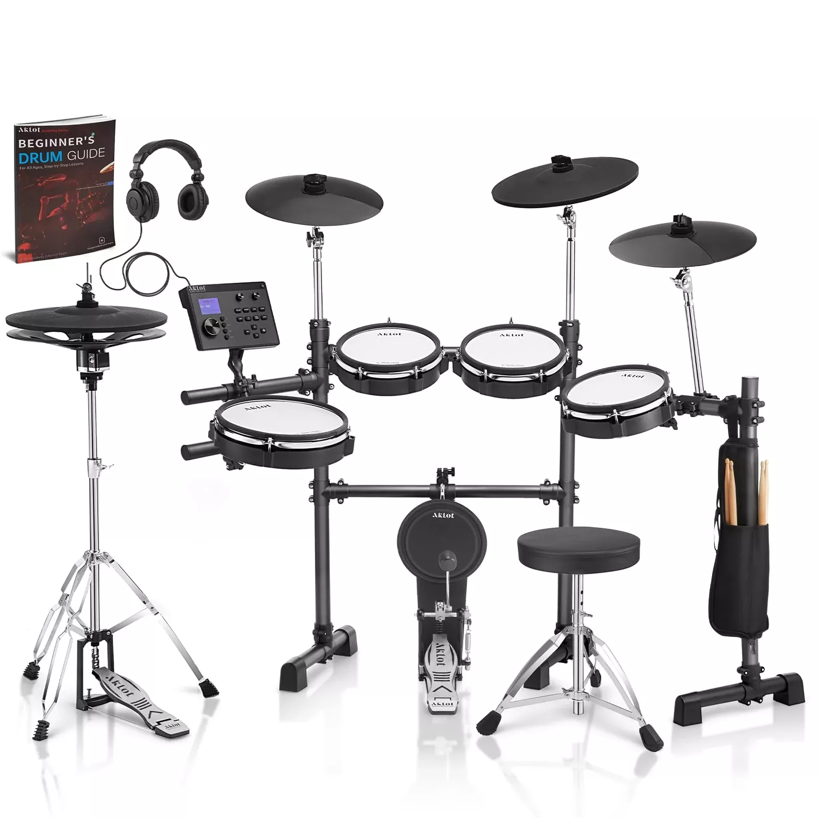 AKLOT B-CORE541ELI Electric Drum Set 12'' Two-Piece Hi-Hat Independent Kick 10'' Snare 12'' Ride Mesh Heads 460 Sounds USB MIDI
