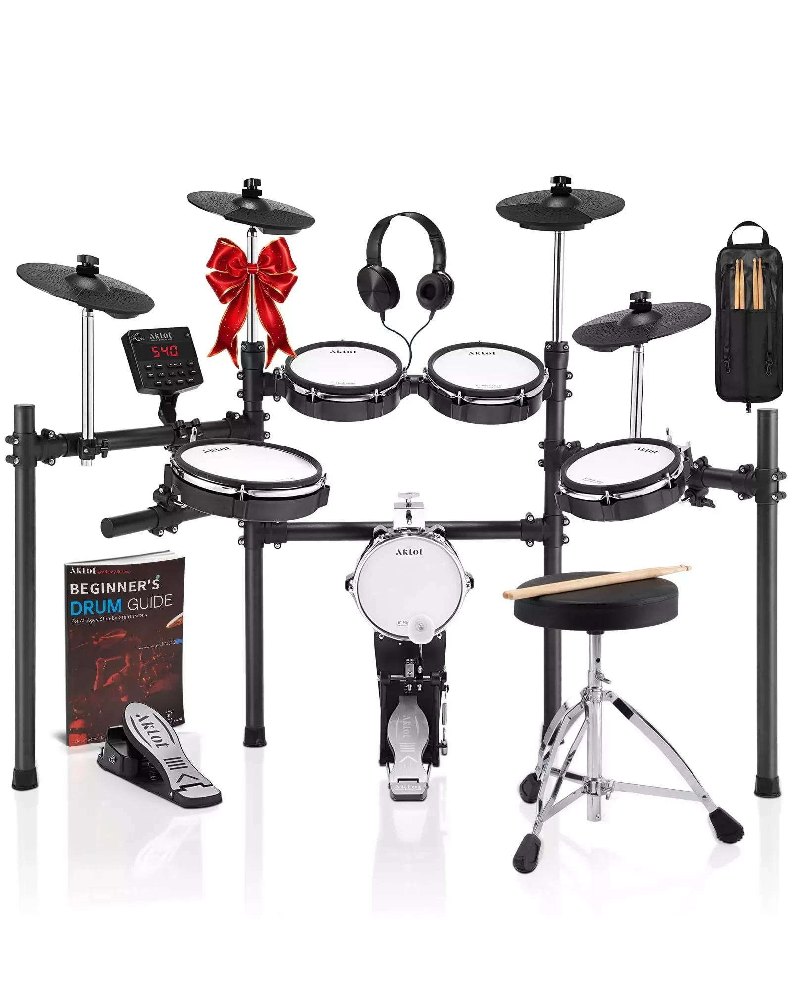 AKLOT Electric Drum Set with Kick-Tower: 4 Dual Zone Mesh Pads, 8 Tower-Style Kick Drum, 10 Snare, Dual Zone 10 Cymbals with Cho