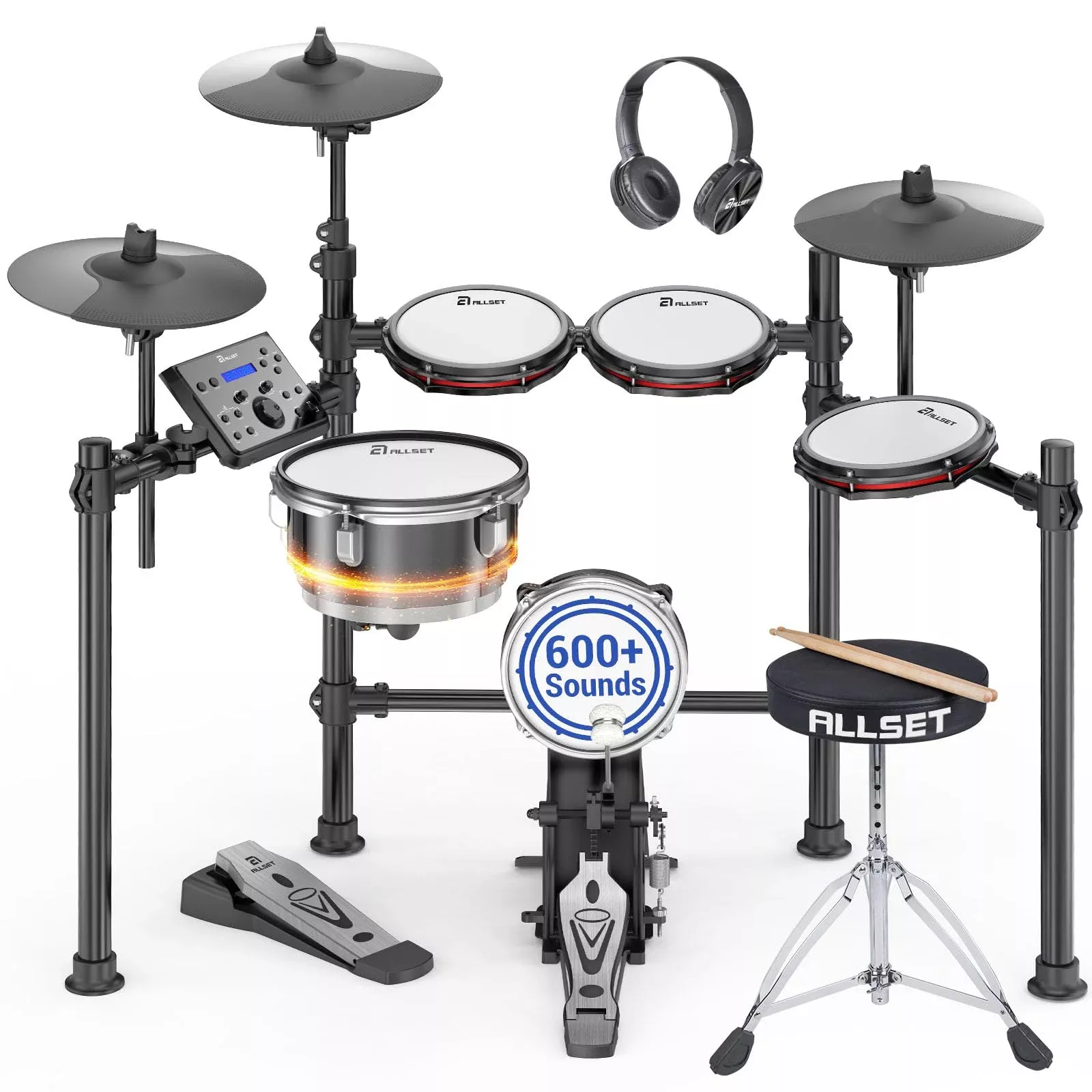ALLSET 700 Professional Electric Drum Sets with Mude Mesh Drum Pads, 10 Dual Zone Snare, 30 Kits & 600+ BFD Sounds, 2 Pedals, Th