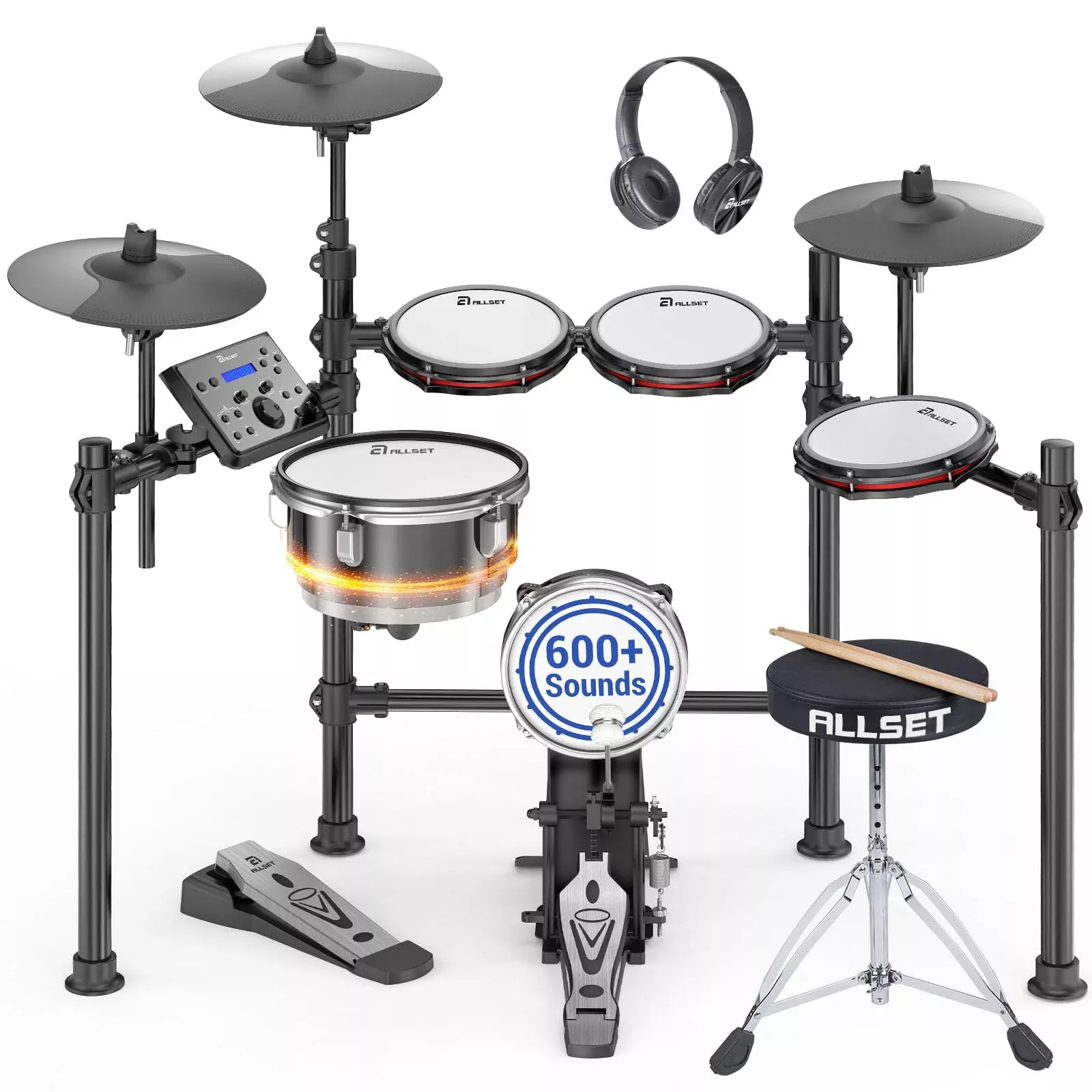 ALLSET 700 Professional Electric Drum Sets with Mude Mesh Drum Pads, 10Dual Zone Snare, 30 Kits & 600+ BFD Sounds, 2 Pedals, T