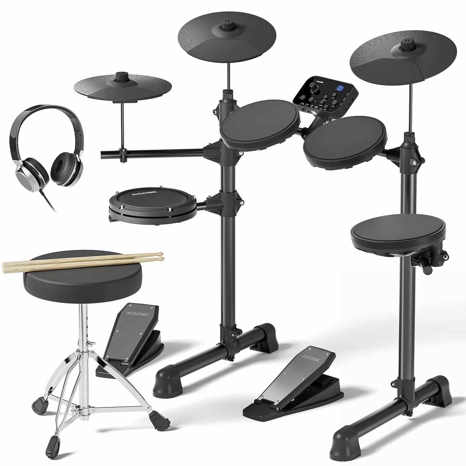 AODSK Electric Drum Set UAED-400 with 150 Sounds, 4 Quiet Pads, Throne, Sticks, Headphones, Iron Frame