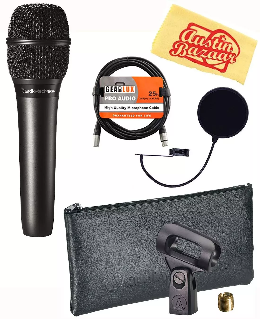 Audio-Technica AT2010 Cardioid Condenser Handheld Microphone Bundle with Pop Filter, XLR Cable, Metal