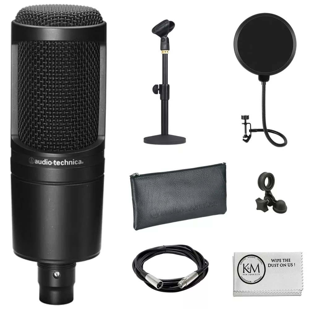 Audio-Technica AT2020 Cardioid Condenser Microphone Bundle with Pop Filter + XLR Cable + Microphone Desktop Stand + Microfiber C