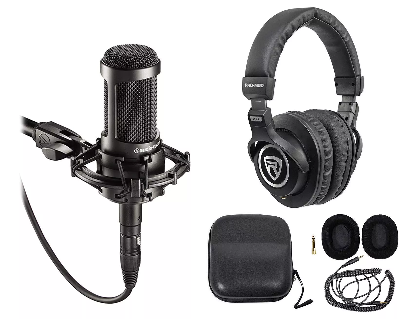 Audio-Technica AT2035 Cardioid Condenser Studio Microphone & Rockville PRO-M50 Headphones Bundle
