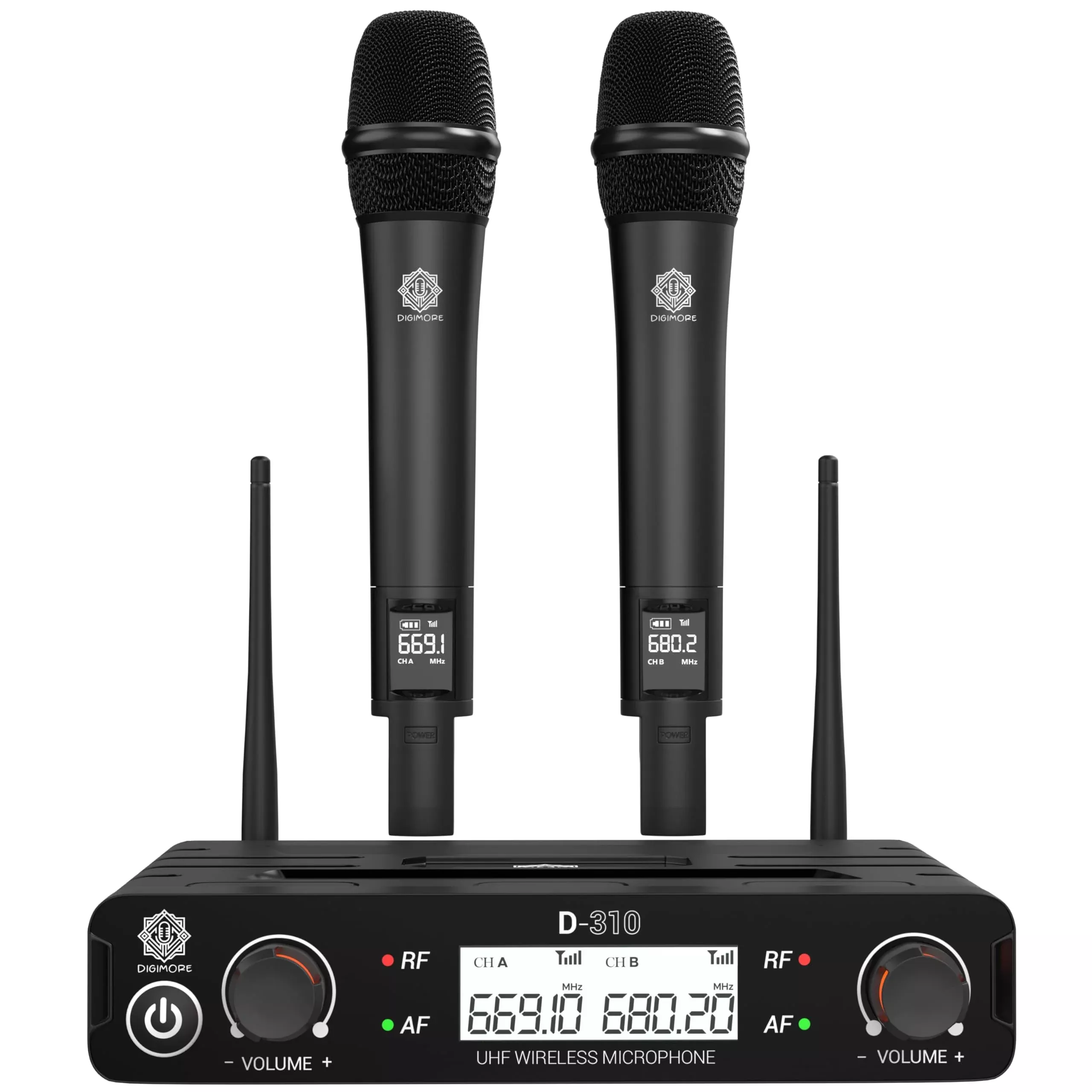 Digimore Dual Wireless Microphone System | 324Ft Range | Metal Body | Cardioid Pickup | Xlr Bal + 6.35Mm Unbal Outs | For Singin