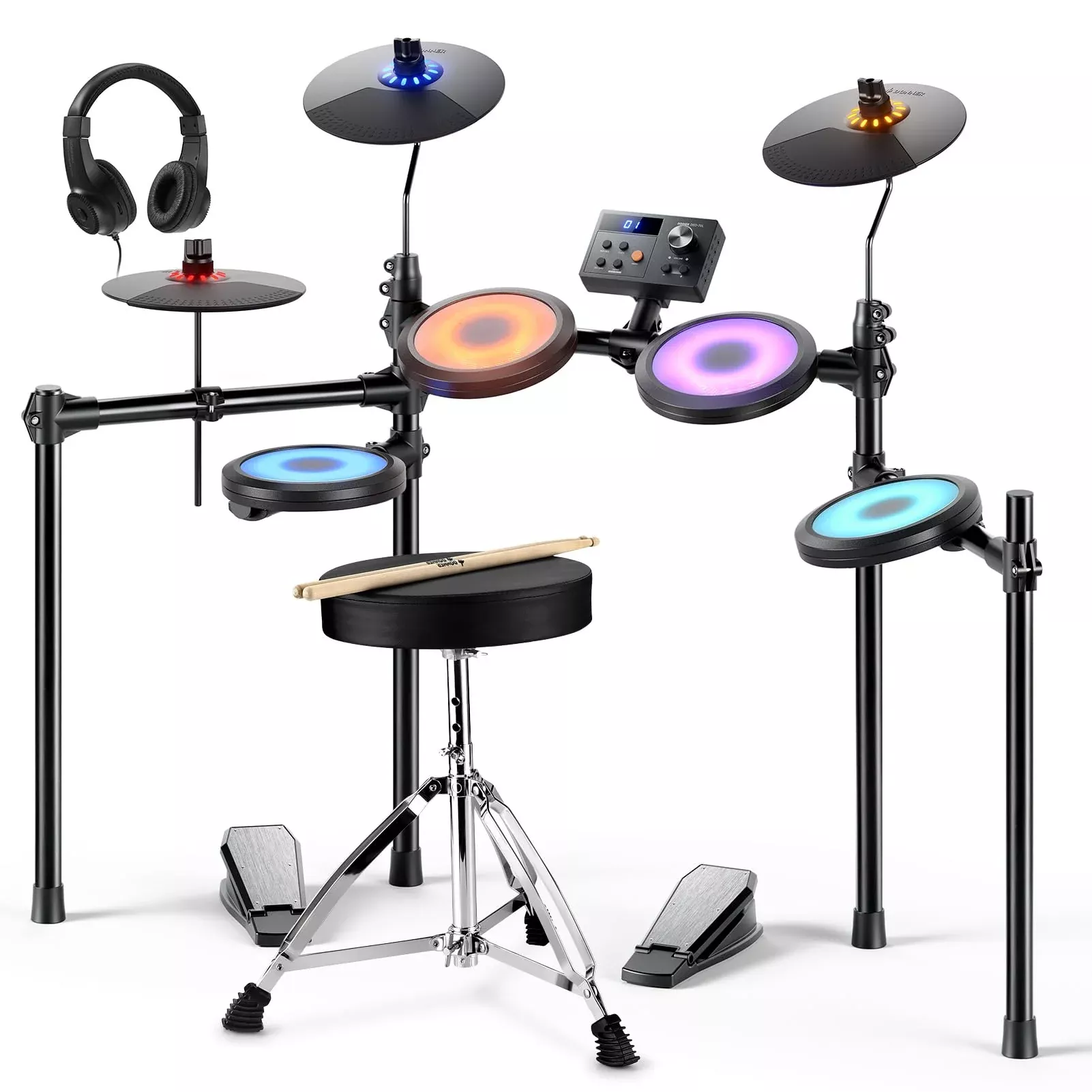 Donner DED-70L Electronic Drum Set with LED Light Up Quiet Mesh Drum Pads & 9 Cymbals, 150 Sounds, 15 Drum Kits, USB MIDI, Type-