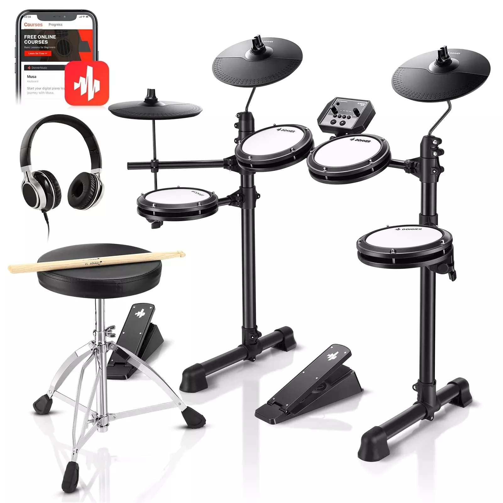 Donner DED-80 Electronic Drum Set for Beginners with 4 Quiet Mesh Drum Pads Black