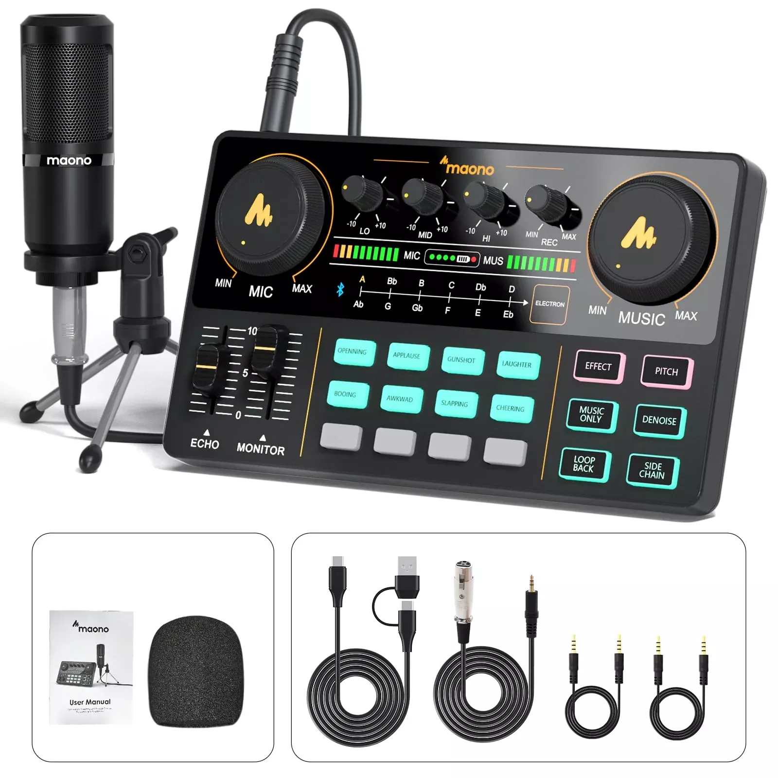 MAONO MaonoCaster Lite AU-AM200-S1 All-in-One Podcast Production Studio Audio Interface with 3.5mm Microphone for Live Streaming Recording PC Smartphone Black