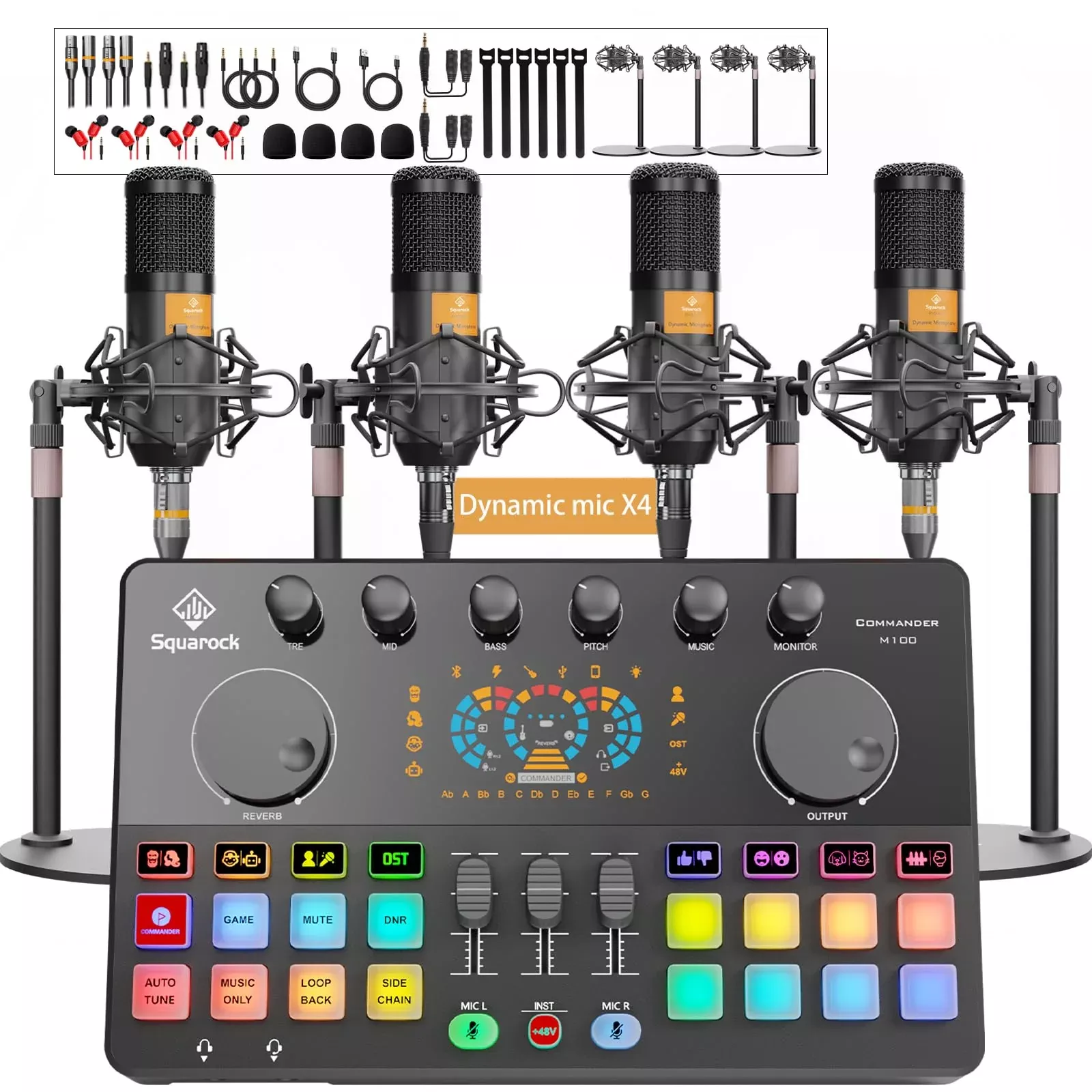 SquarockTek Podcast Equipment Bundle for 4, All-in-One Audio Mixer with Dynamic Micophones Noise Reduction for Live Streaming/Re