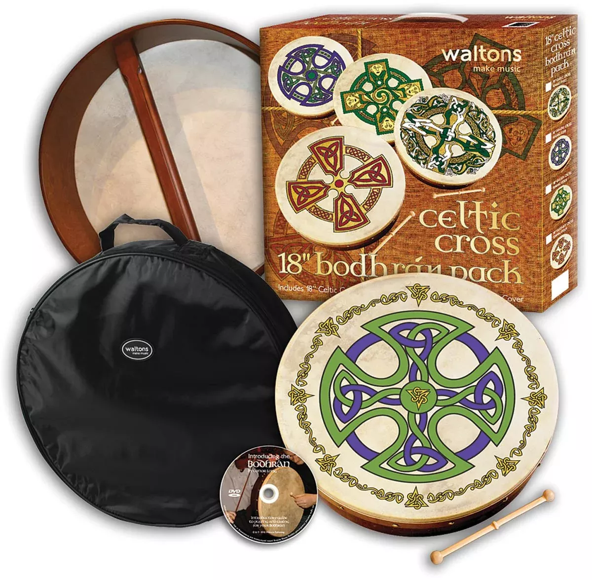 Waltons WMP2503 18-Inch Brosna Cross Bodhran Pack with Beater DVD and Cover