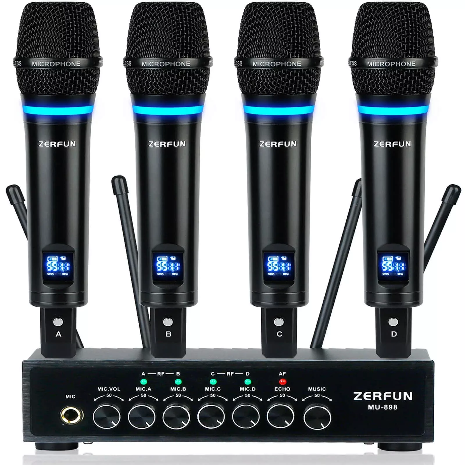 ZERFUN 4 Channel Rechargeable UHF Metal Handheld Wireless Microphone System MU-898 Black