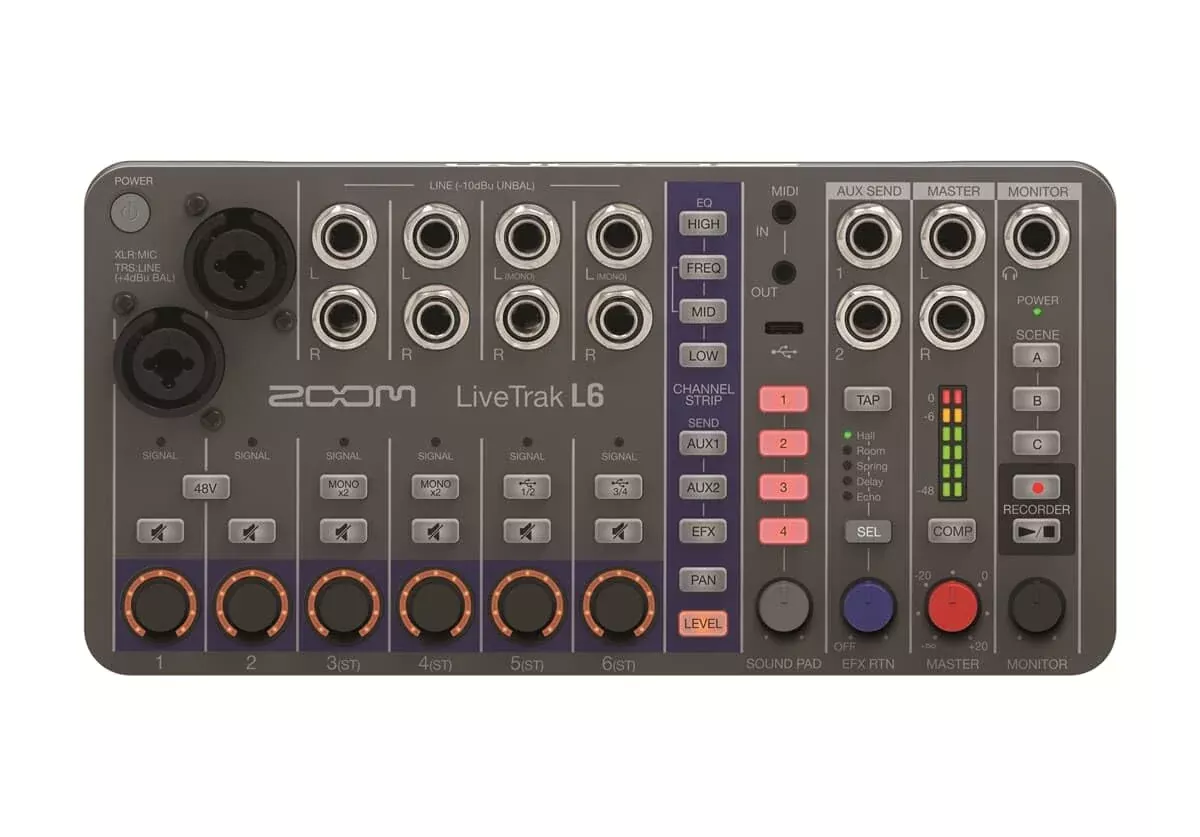 Zoom LiveTrak L-6 Portable 10 Track Digital Mixer | Multi-track Recorder and Interface | XLR-TRS | 32-bit | Delay | Echo | Rever