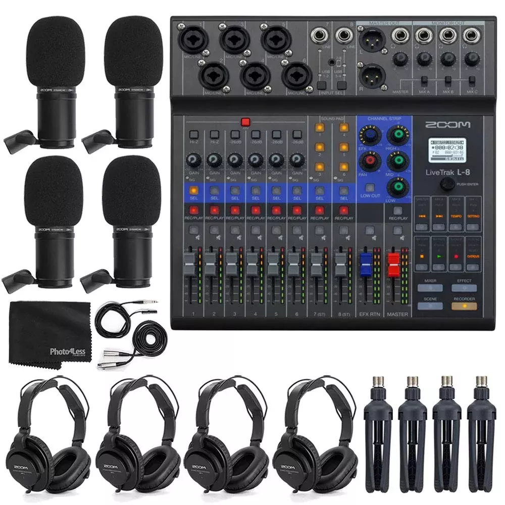 Zoom LiveTrak L-8 Portable 8-Channel Digital Mixer Multitrack Recorder 4-Person Podcasting Bundle with 4x ZDM-1 Mics & Headphones