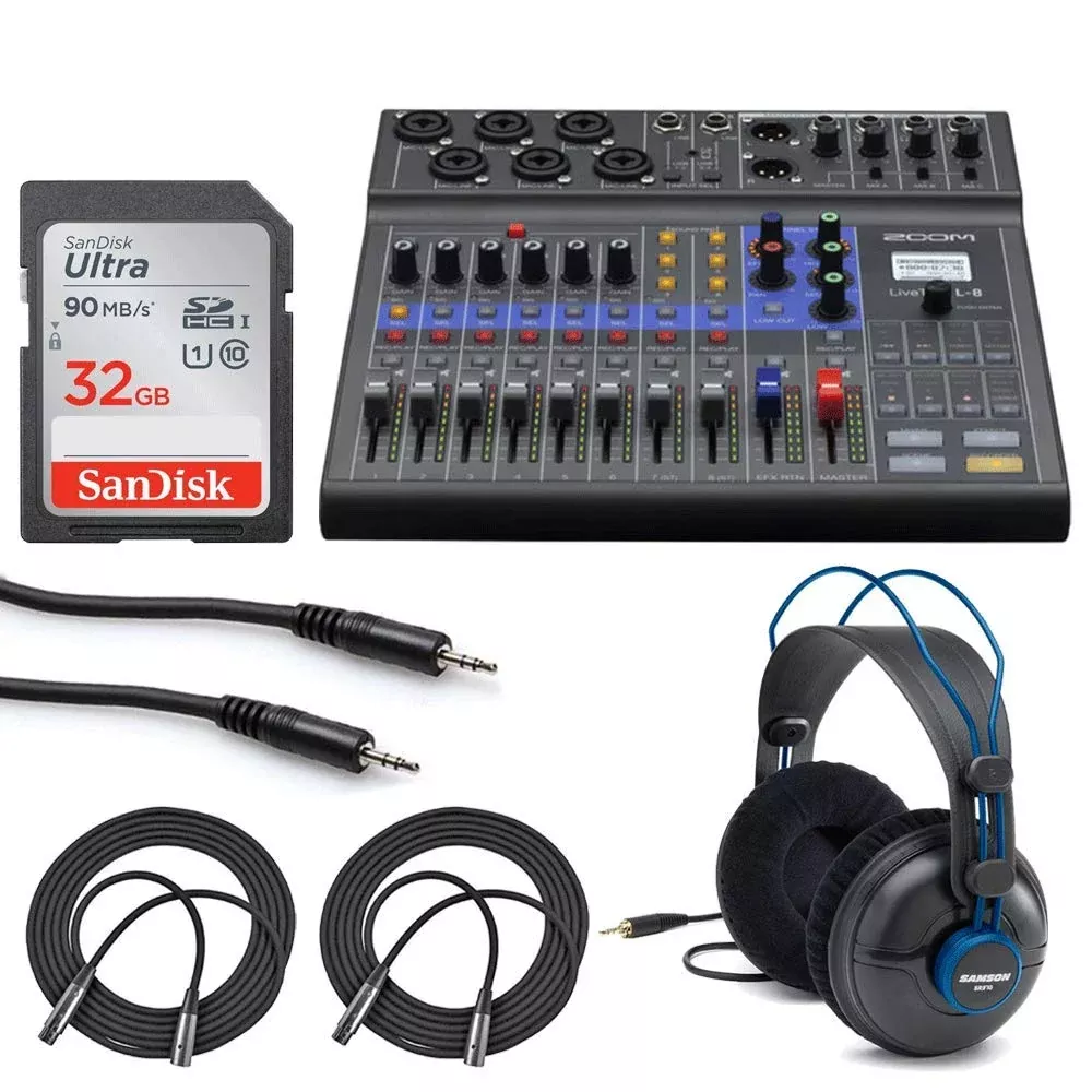 Zoom LiveTrak L-8 Portable 8-Channel Digital Mixer Multitrack Recorder Bundle with 32GB Memory Card, Headphones & Cables